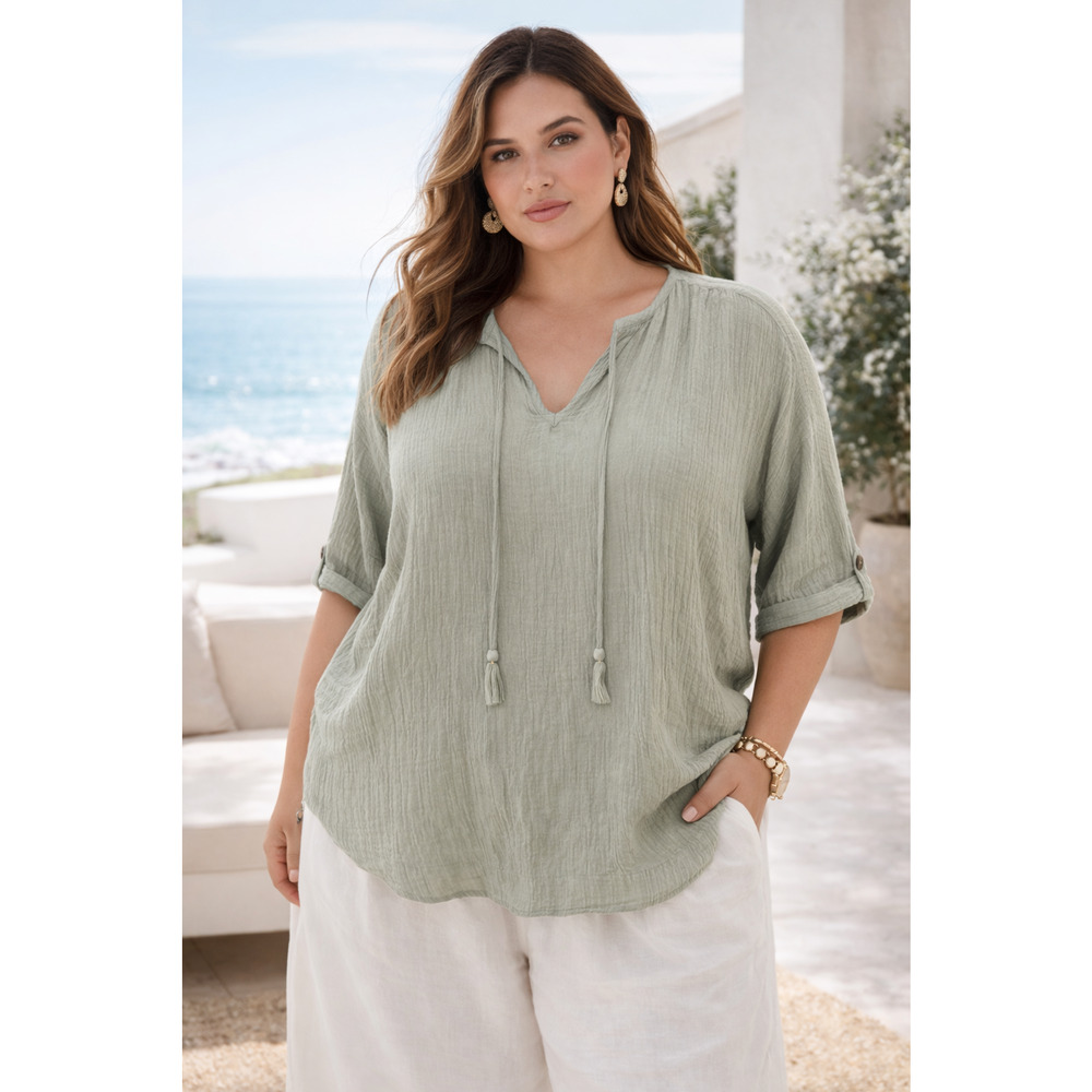 Soft Surroundings Womens Textured Top XL Green Crinkle Boxy Tassel Coastal Boho
